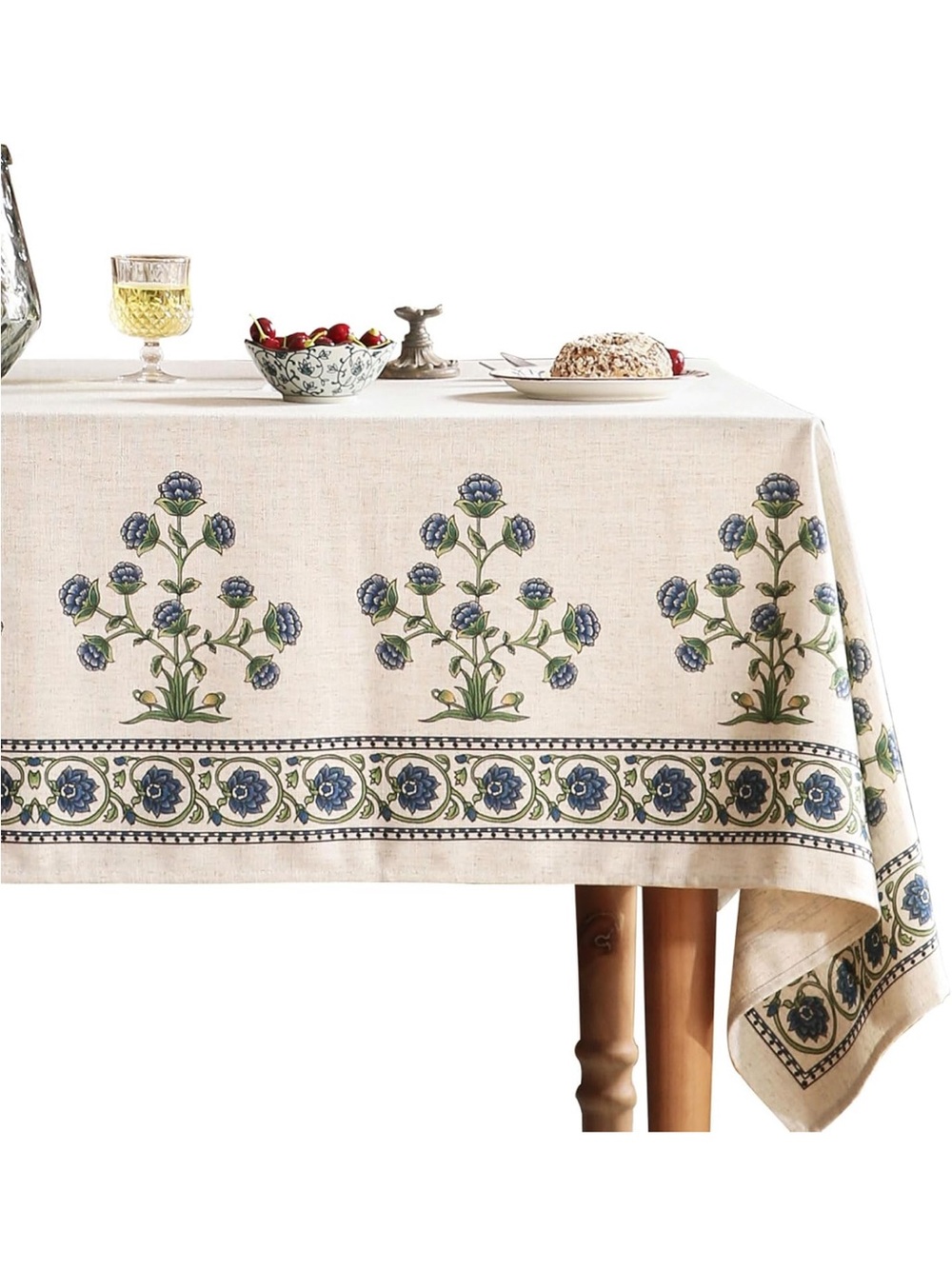 NEW patdrea Designer Vintage Small Blue Tablecloth, Linen Leaves Design 55”x71"